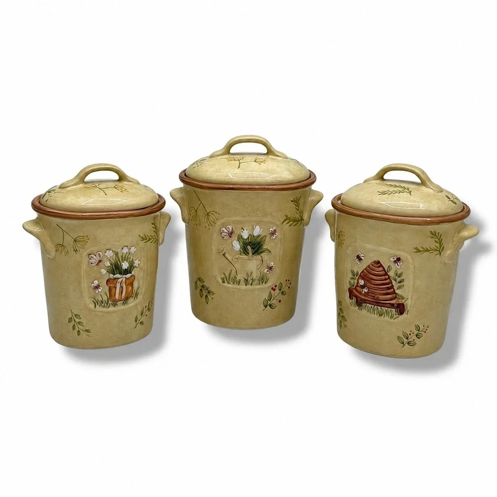 Vintage‎ Cheri Bloom 222 Fifth 3 Piece Canister Set Yellow Ceramic Farmhouse